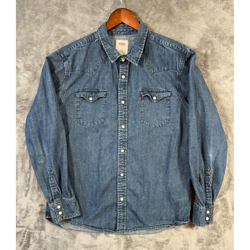 Levis Shirt Mens XL Blue Denim Pearl Snap Western Cowboy Work Sawtooth Pockets